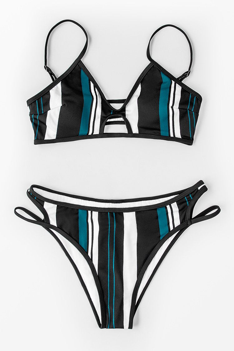 Blue White And Black Striped Bikini