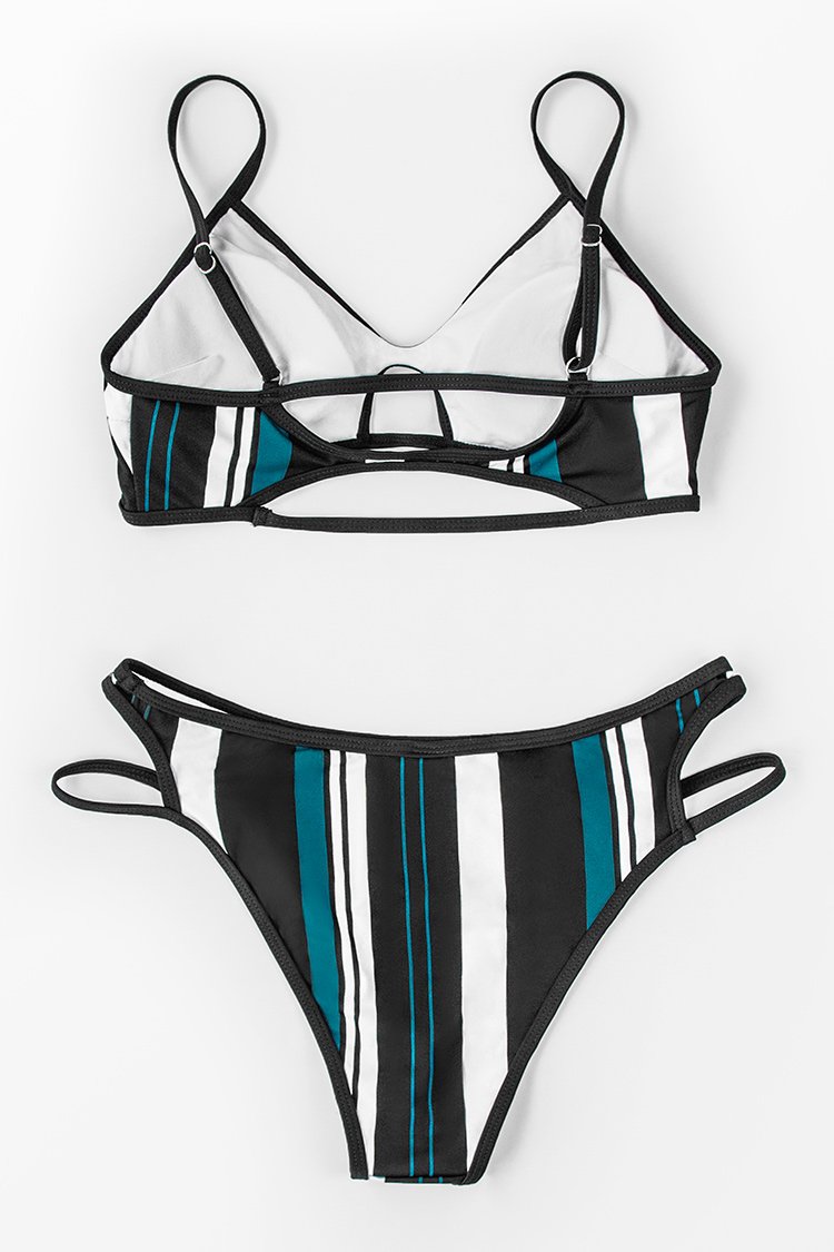 Blue White And Black Striped Bikini