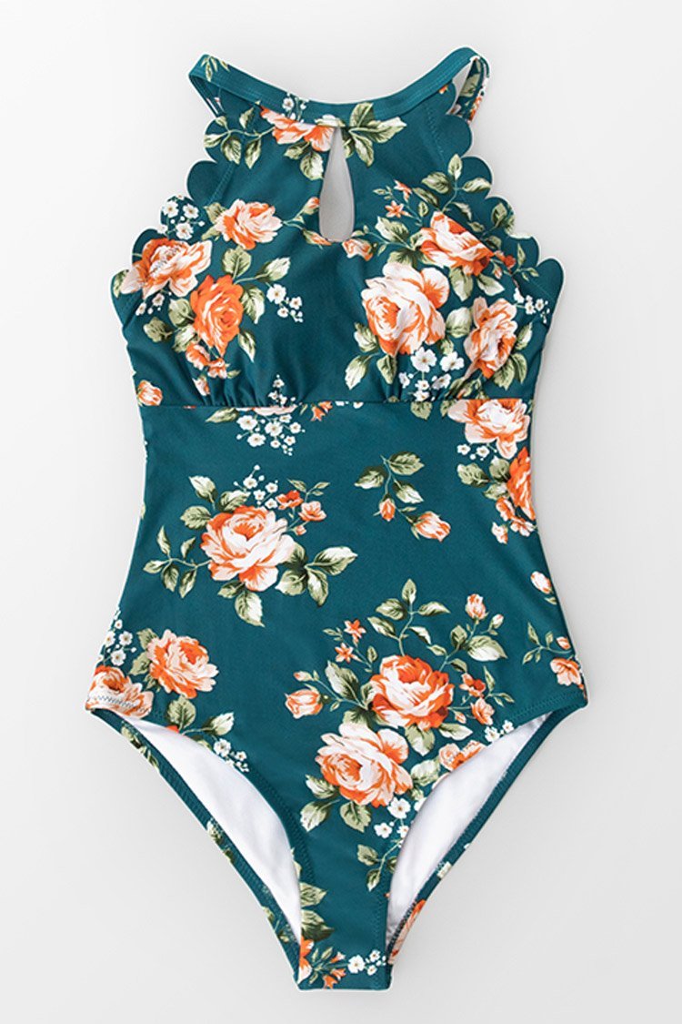 Teal Floral Scalloped One Piece Swimsuit
